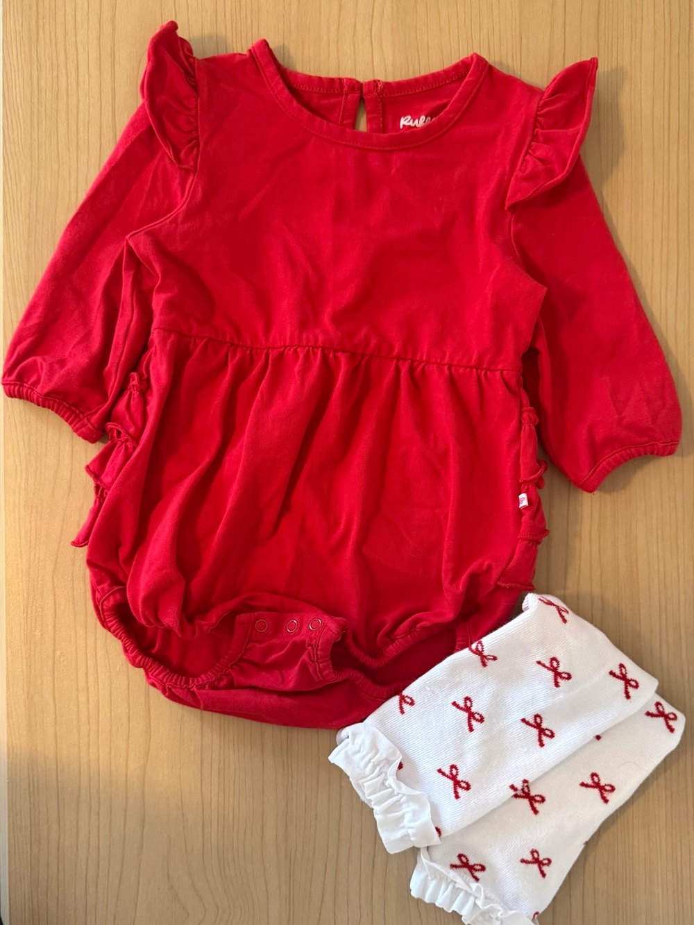 Ruffle Butts Red Ruffled Long-Sleeve Romper with White Bow Leg Warmers